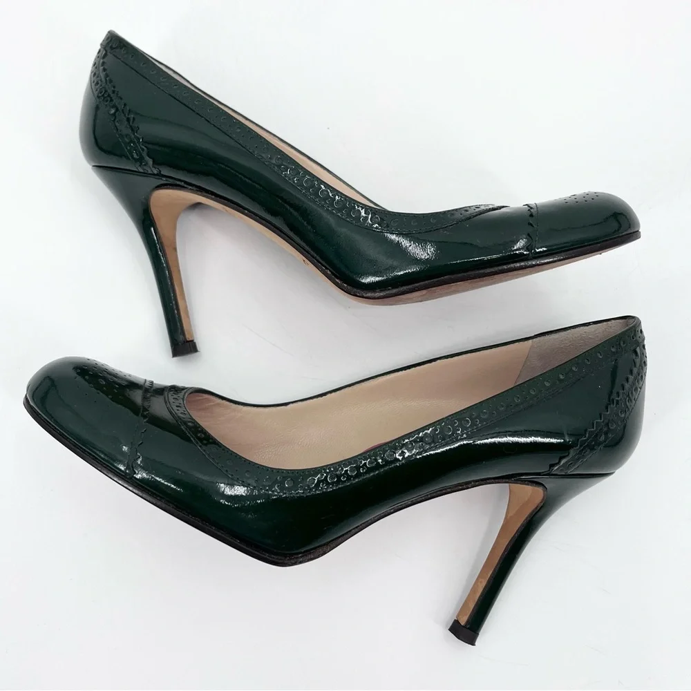 Kate Spade Rich Green Patent Leather Brogue Round Toe High Heels Size 7